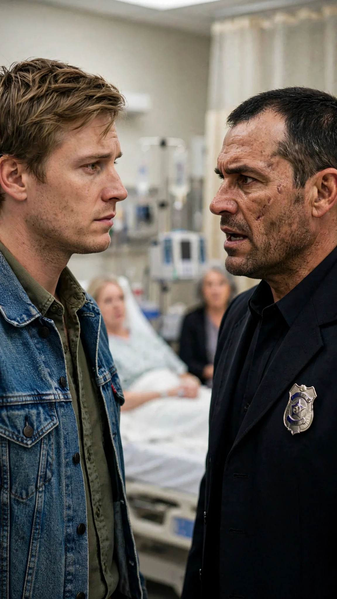 The man in the denim jacket faces the detective and speaks plainly.