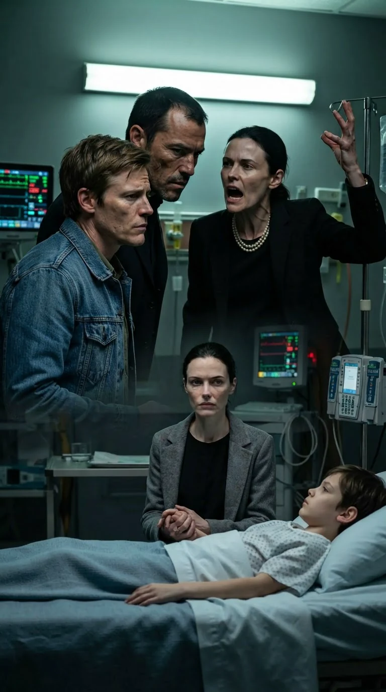 The detective steps toward the man in the denim jacket as the older woman cries out.