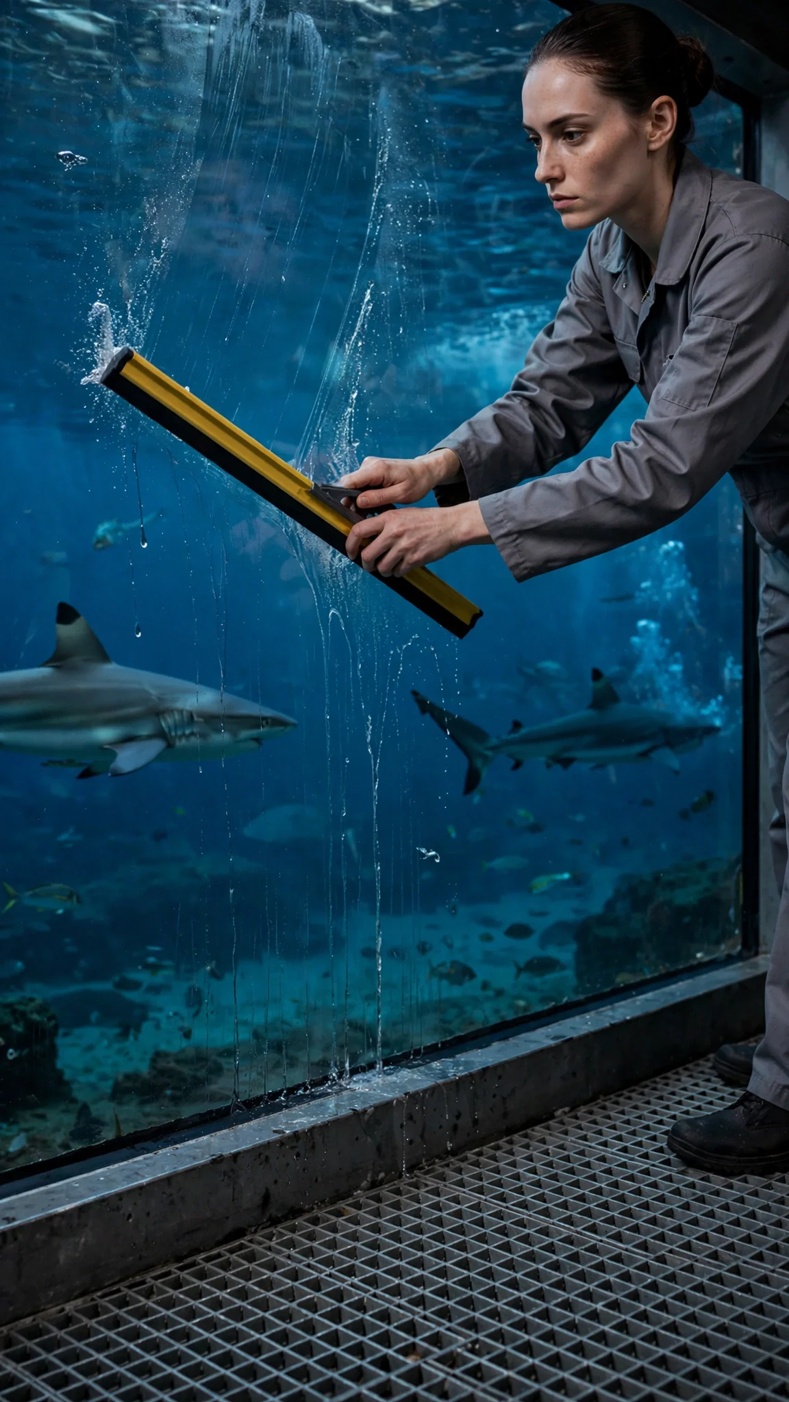 A young woman in a cleaner's uniform wipes the glass of a dark shark tunnel at night.