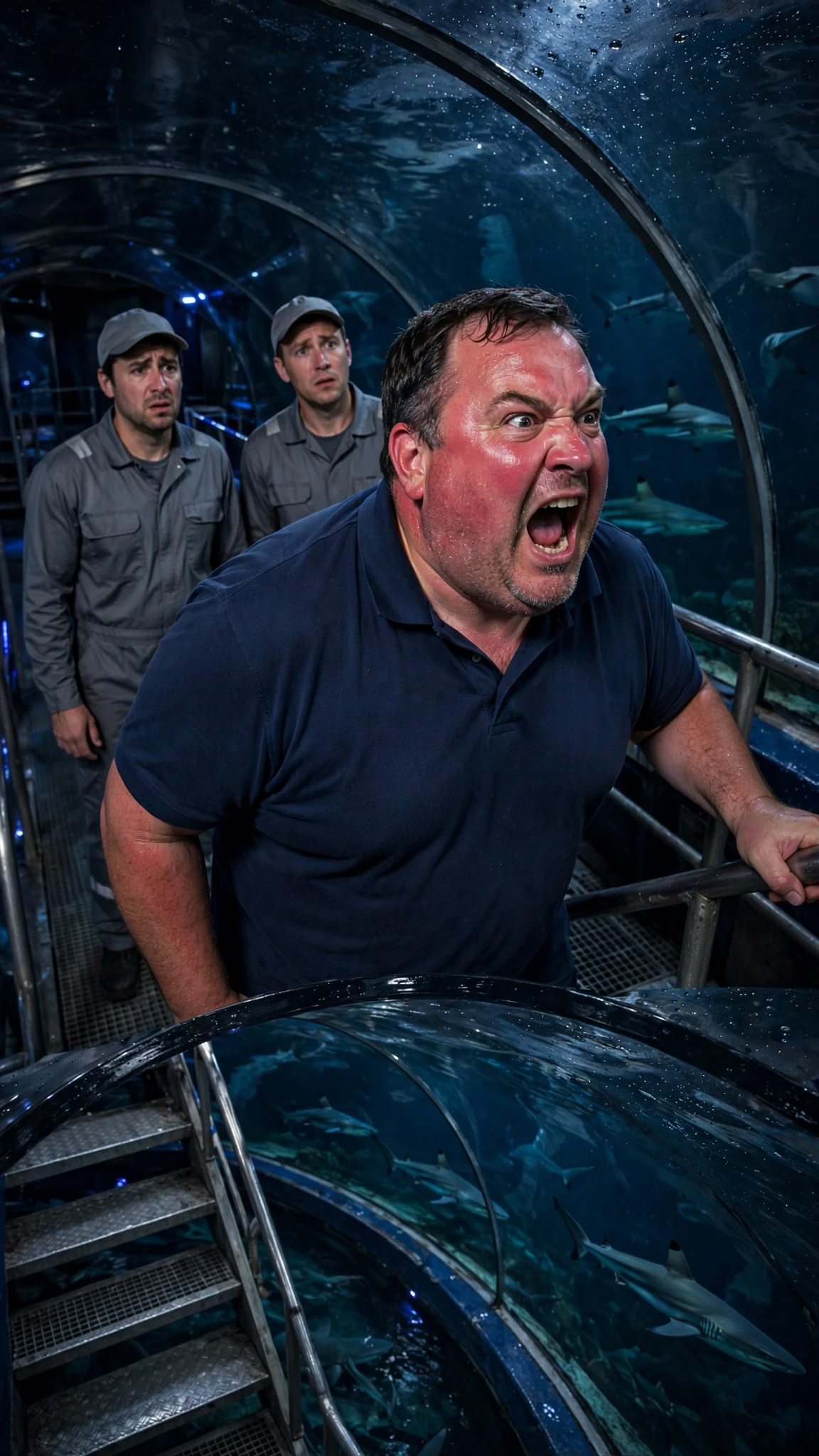 A heavyset supervisor in a polo shirt walks onto the catwalk behind two other cleaners.