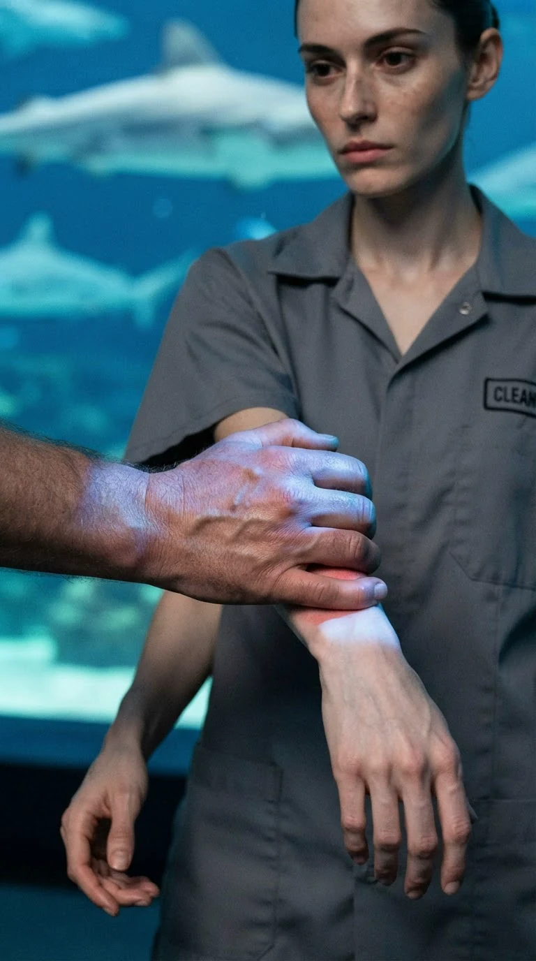 The supervisor's thick hand grips the cleaner's thin wrist hard.