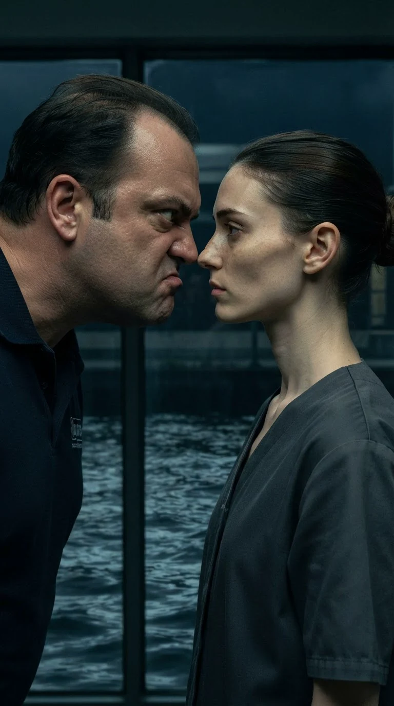 The supervisor's face pushes close to the cleaner's, threatening her.
