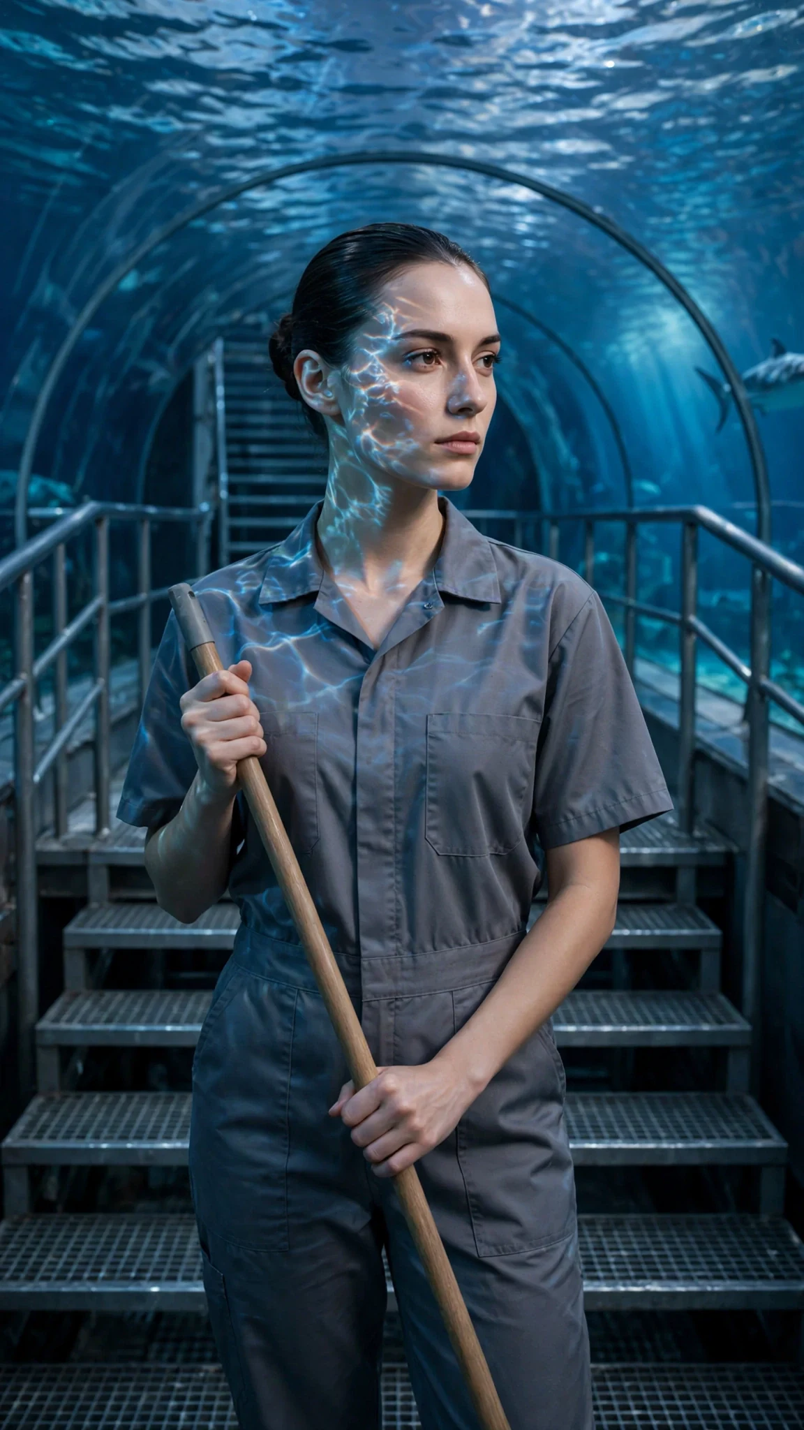 The cleaner stands alone with her hands on the mop handle, blank-faced.