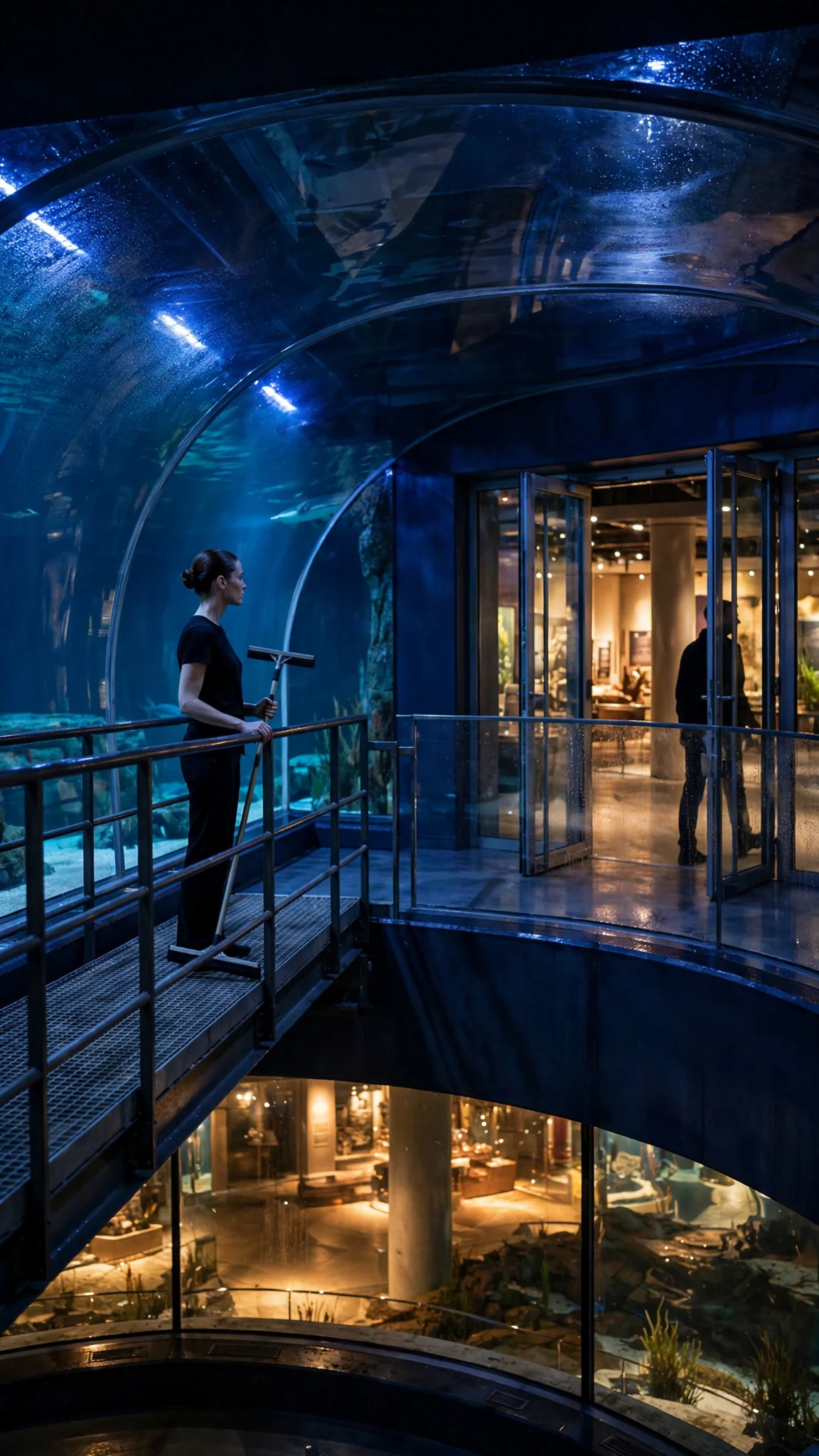 The tunnel goes dark blue and quiet, and a door opens below with warm light.