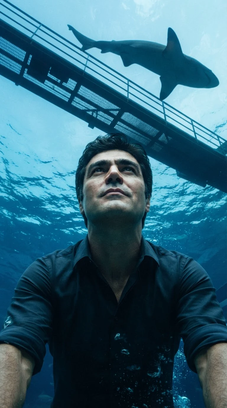 Ettore lifts his head and looks up through the water toward the dark catwalk.