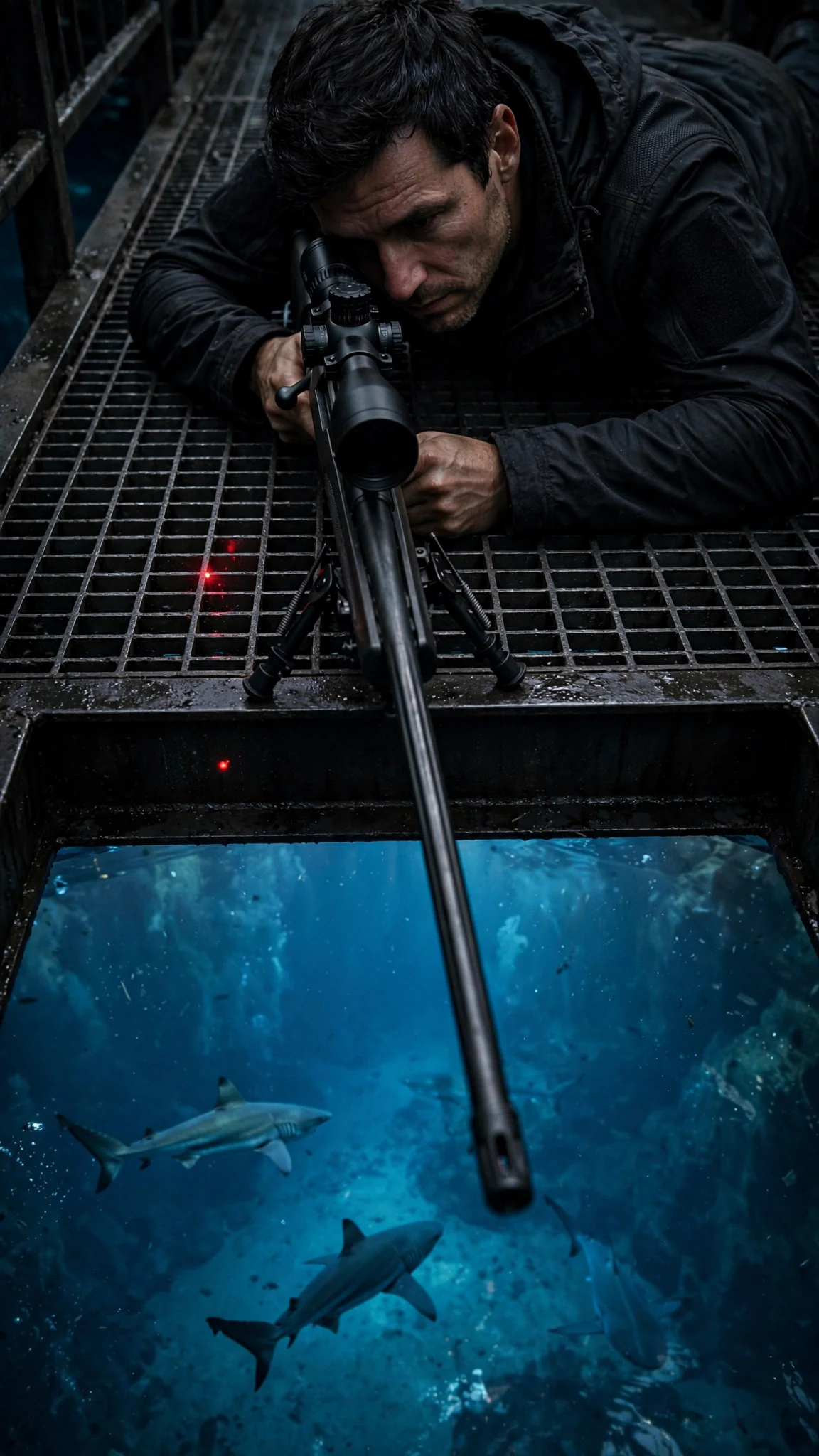 On a far catwalk, a man lies with a rifle aimed down into the tank.