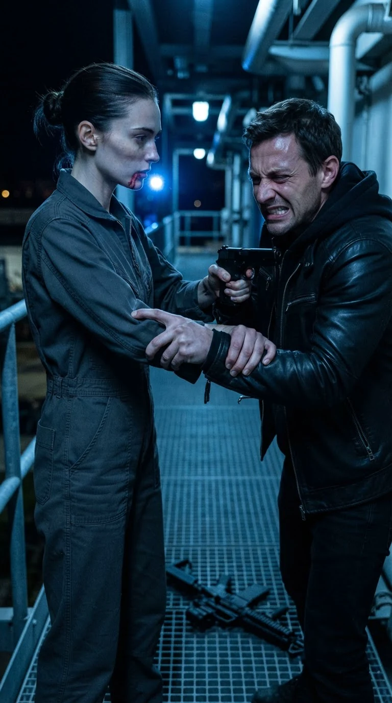 The cleaner twists the man's wrist and points a small pistol at him.
