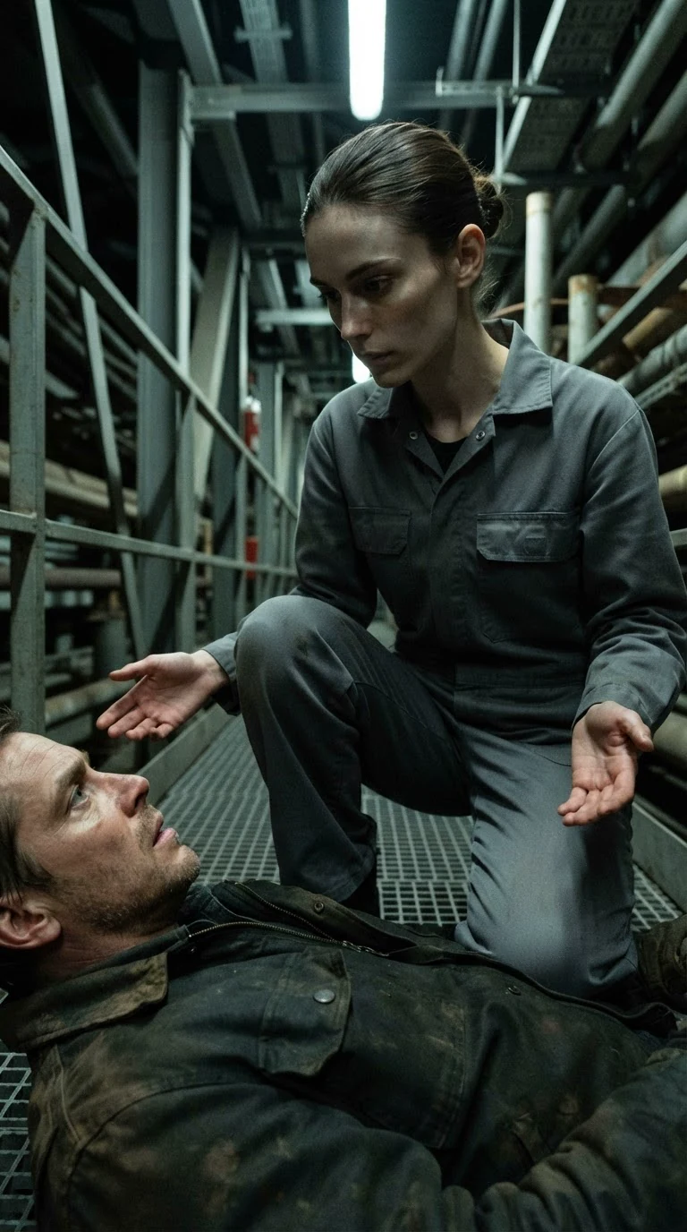 The cleaner kneels with her knee on the dying man's chest and stares down at him.