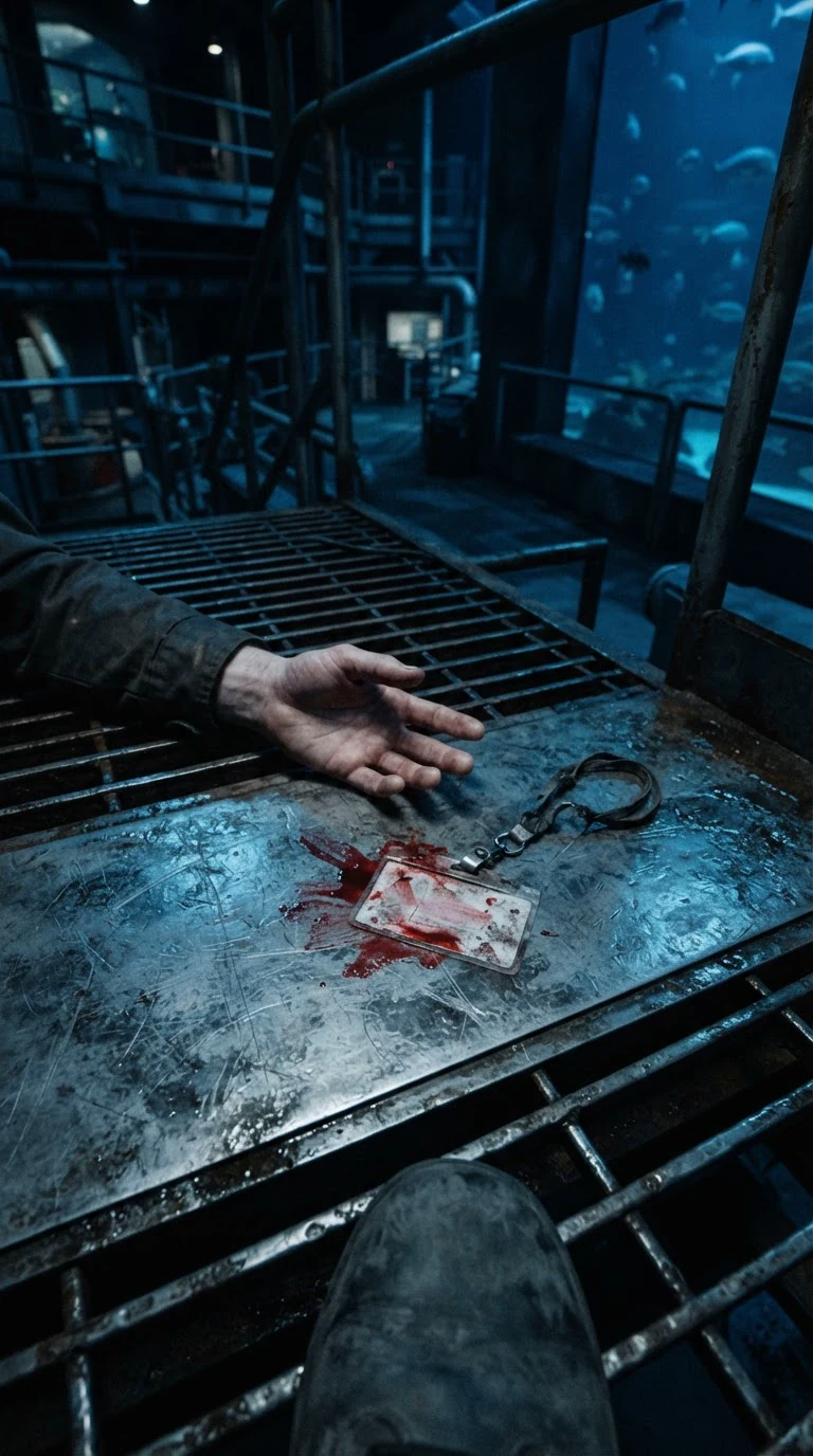 A small plastic cleaner badge lies on the catwalk grating beside a dead hand.