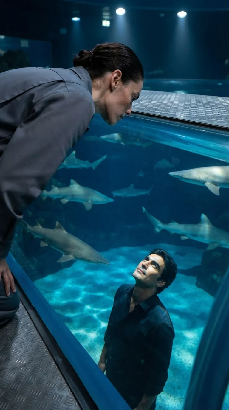 The cleaner looks down through the water at Ettore, who stares up with his head back.