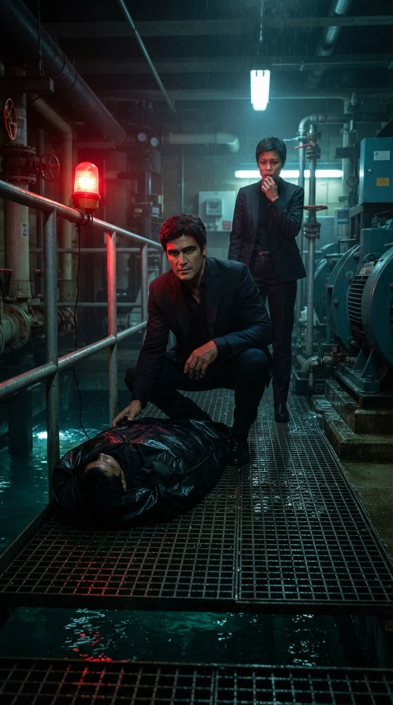 A tall man in a dark suit crouches beside a body on a wet metal catwalk above a shark tank.