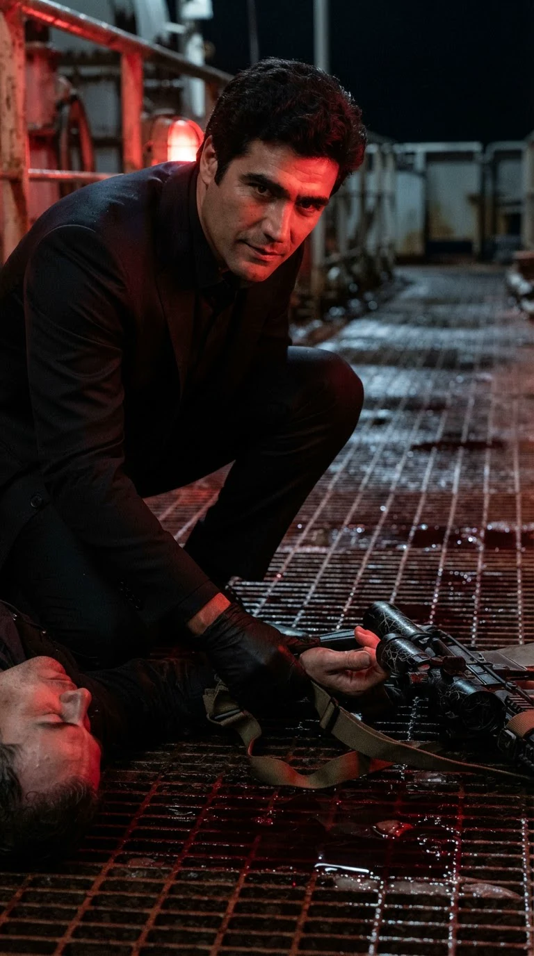 A man in a dark suit looks down at a dead sniper's rifle with a cracked scope.
