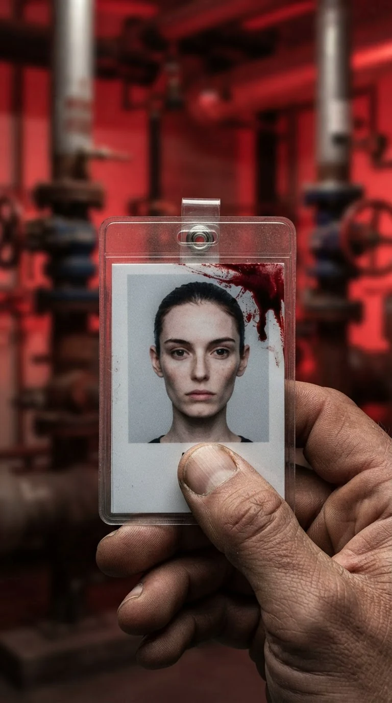 A blood-smeared staff badge showing a pale woman with tight dark hair and no smile.