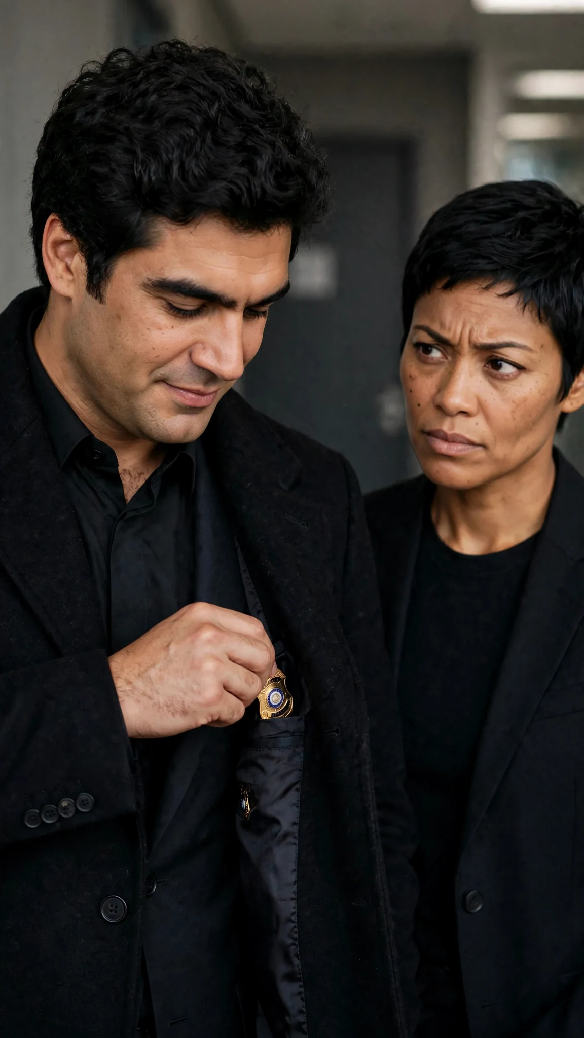 The suited man closes his fist around the badge and slides it into his jacket.