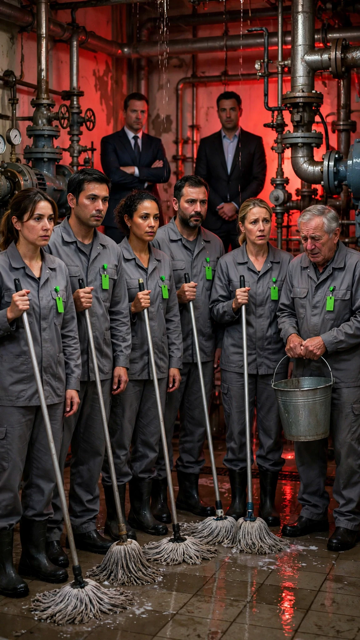 A line of six cleaners with mops stands dripping in an industrial room, one shaking badly.