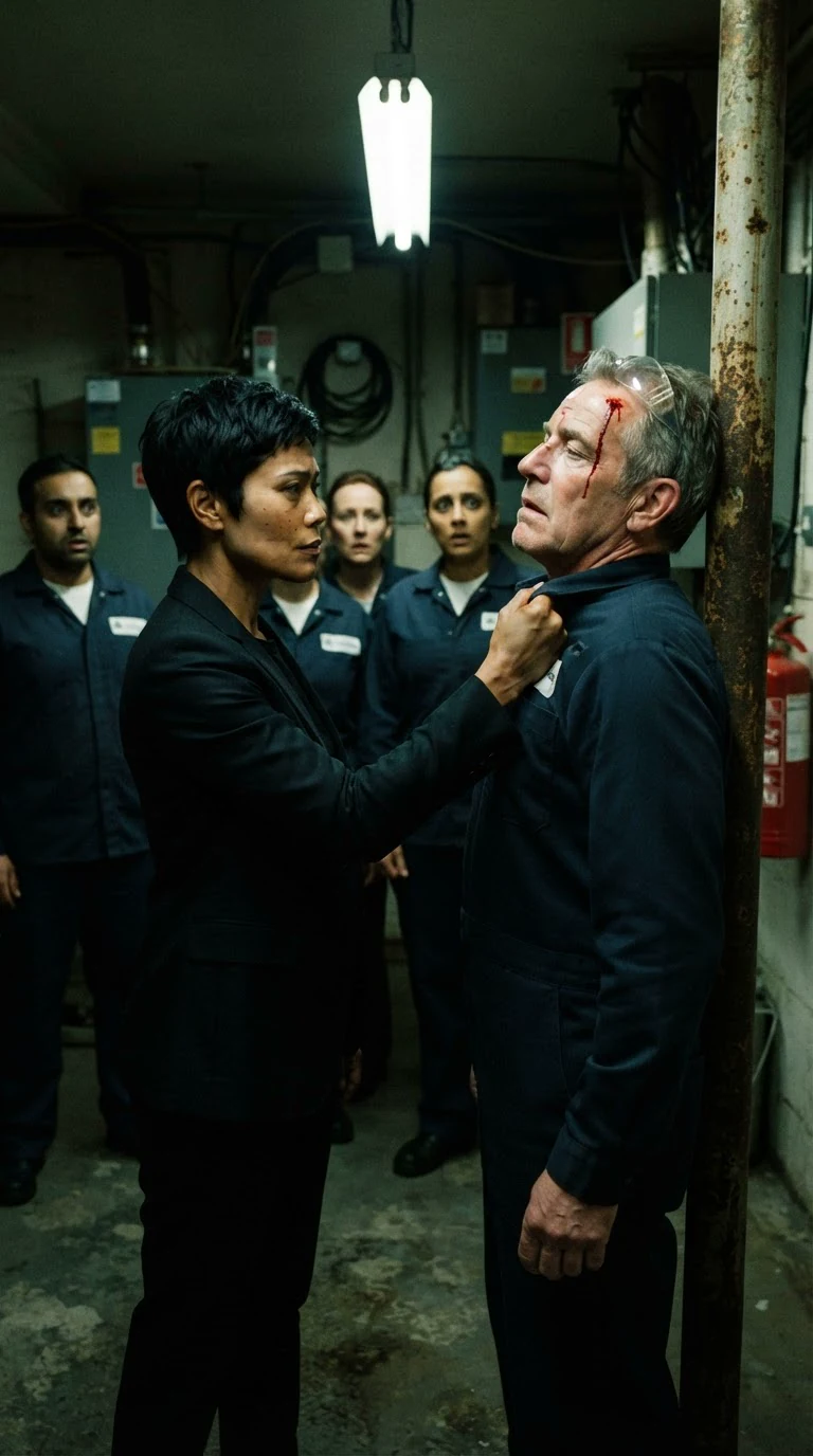 A short-haired security woman grabs a cleaner by the collar and shoves him against a pipe.