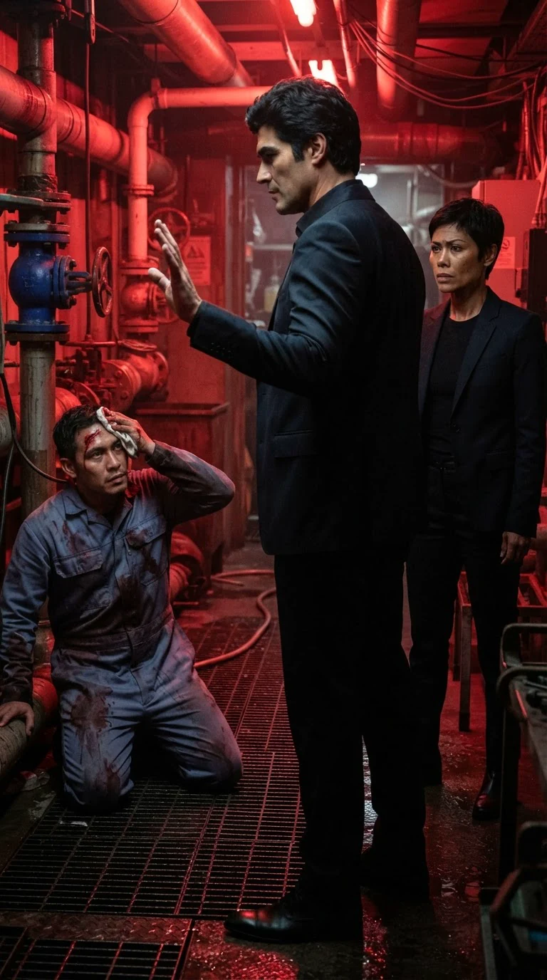 The suited man holds up one hand, stopping the interrogation in the pump room.