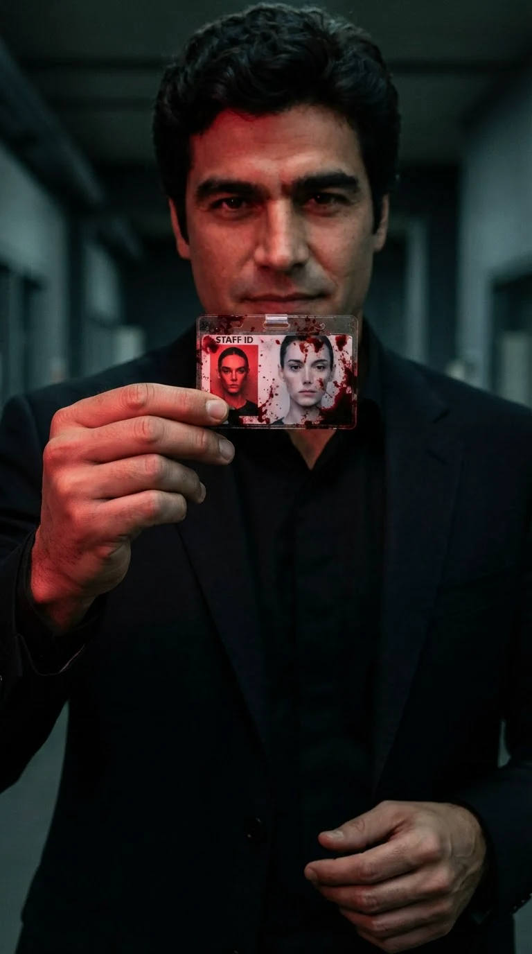 The suited man holds up the blood-smeared badge between two fingers.