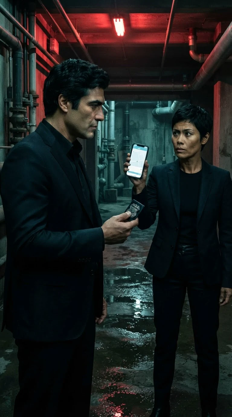 The security woman types on her phone, badge photo still in her boss's hand.