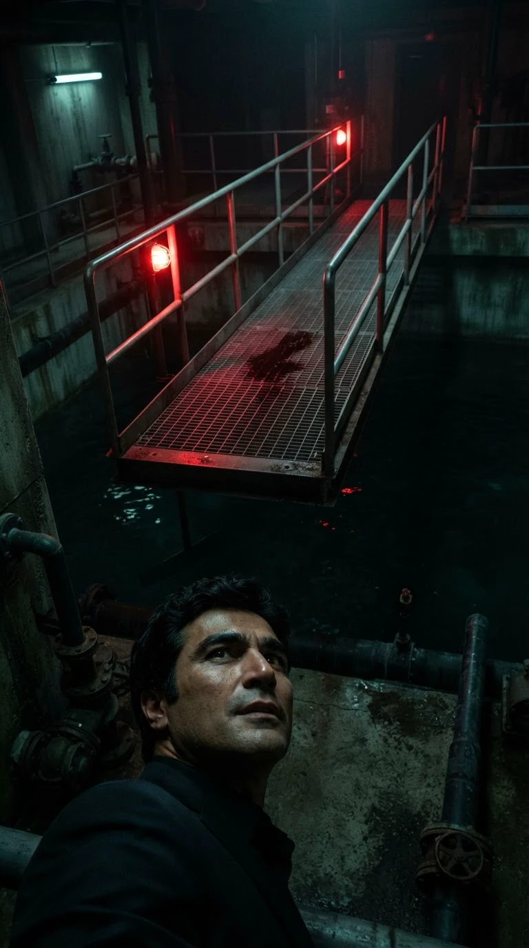 The suited man looks up at an empty red-lit catwalk above the shark tank.