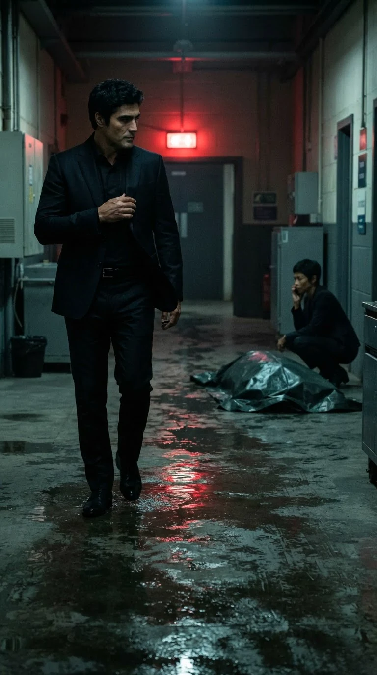 The suited man walks toward the exit stairs, badge in his pocket, the dead sniper still under a sheet.