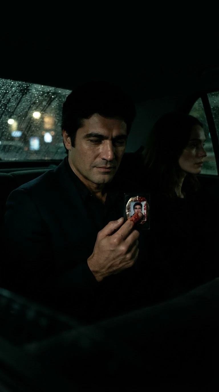 The suited man in a car at night, pulling the small badge out of his coat under street light.