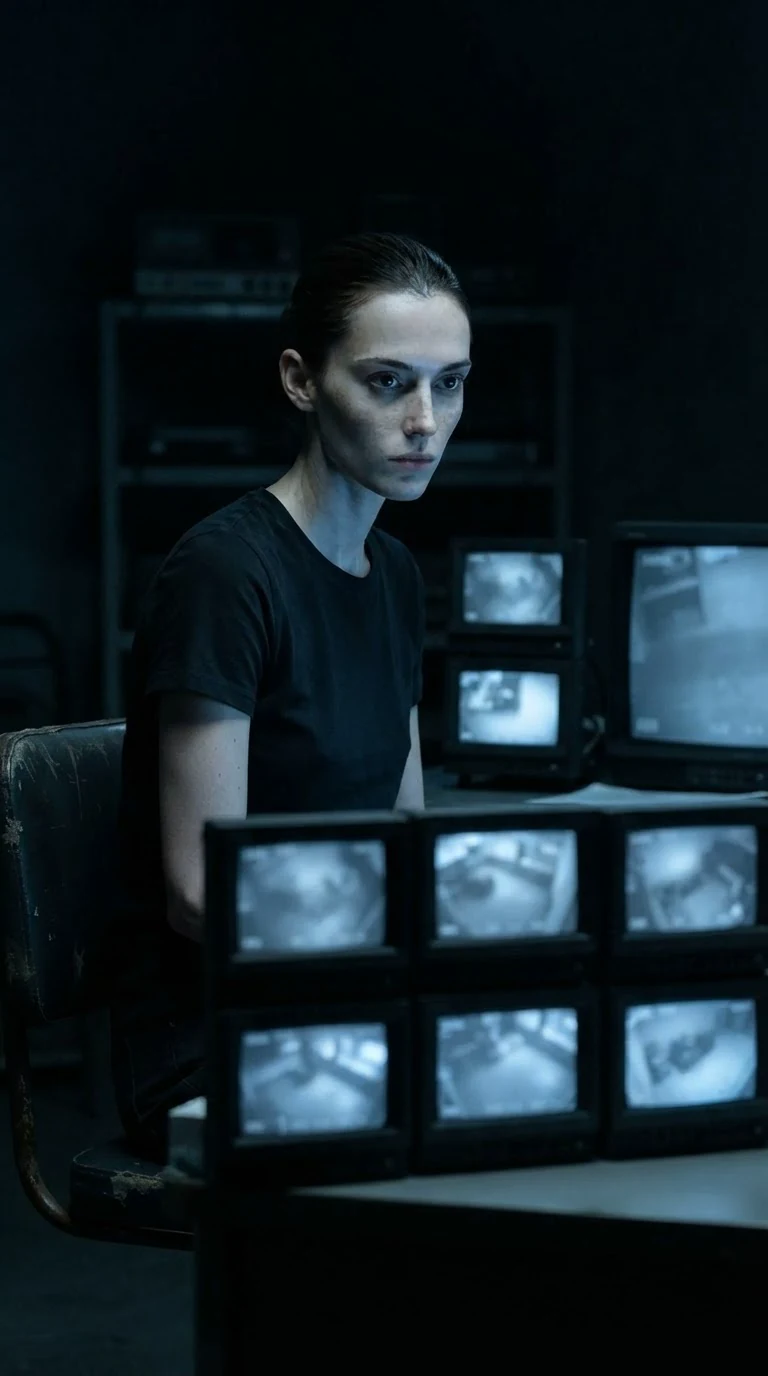 A pale woman with dark hair sits in a dark room lit by six glowing monitor screens.