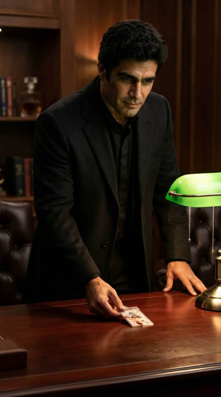 A big man in a dark suit lays a small bloodstained badge on a wooden desk.