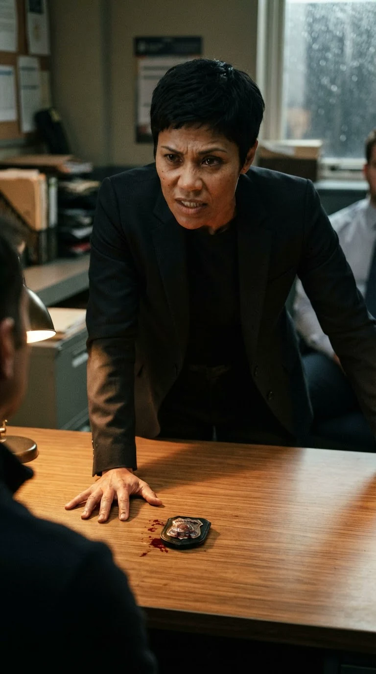The woman in the dark suit leans toward the desk, irritated.