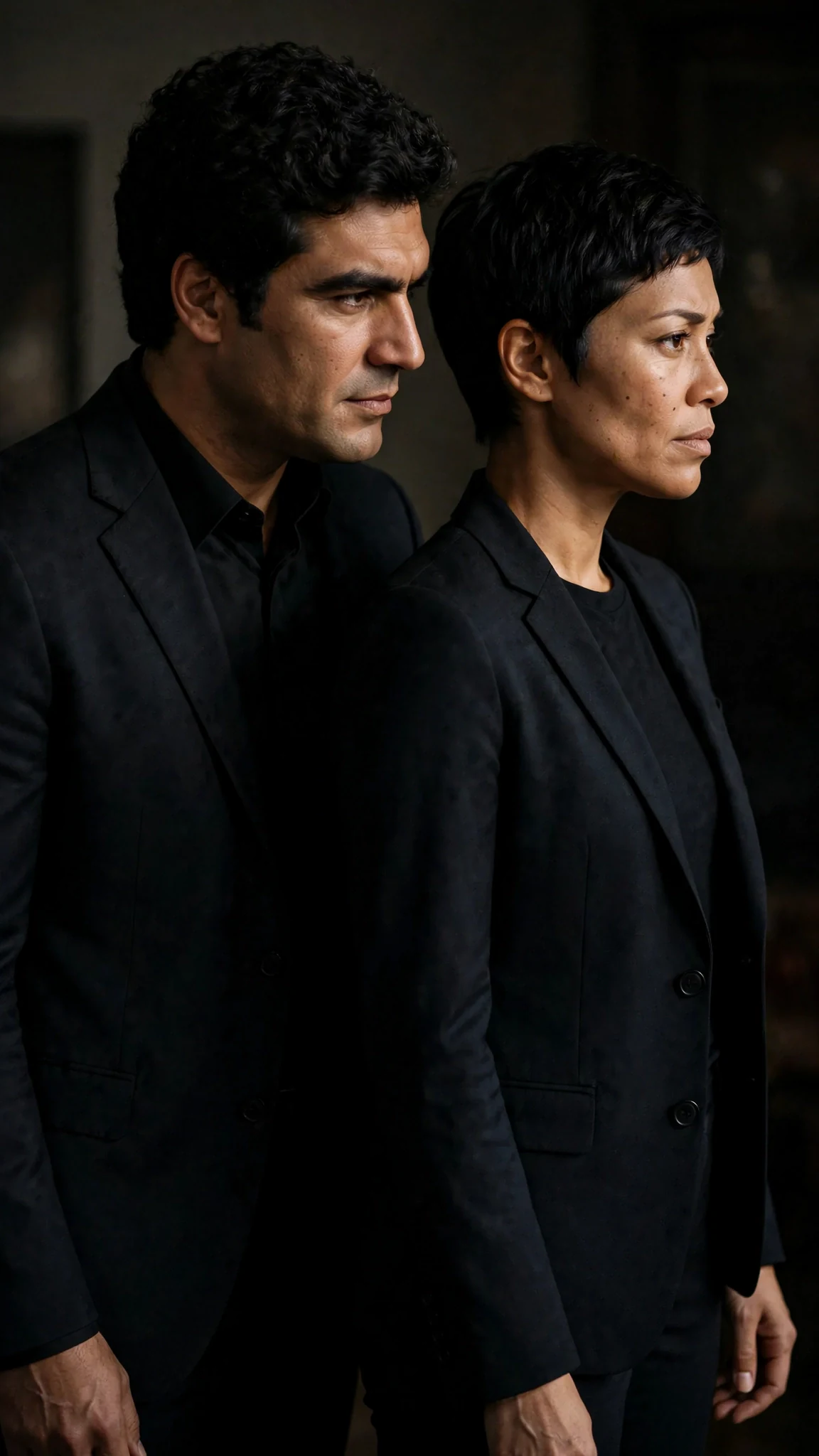 The tall man in the suit stands close to the short-haired woman, cold and quiet.