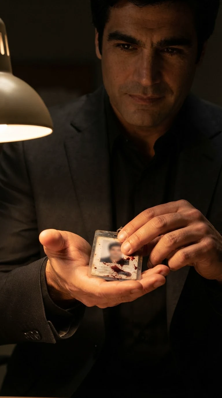 The tall man holds the small badge up and rubs his thumb over the photo.