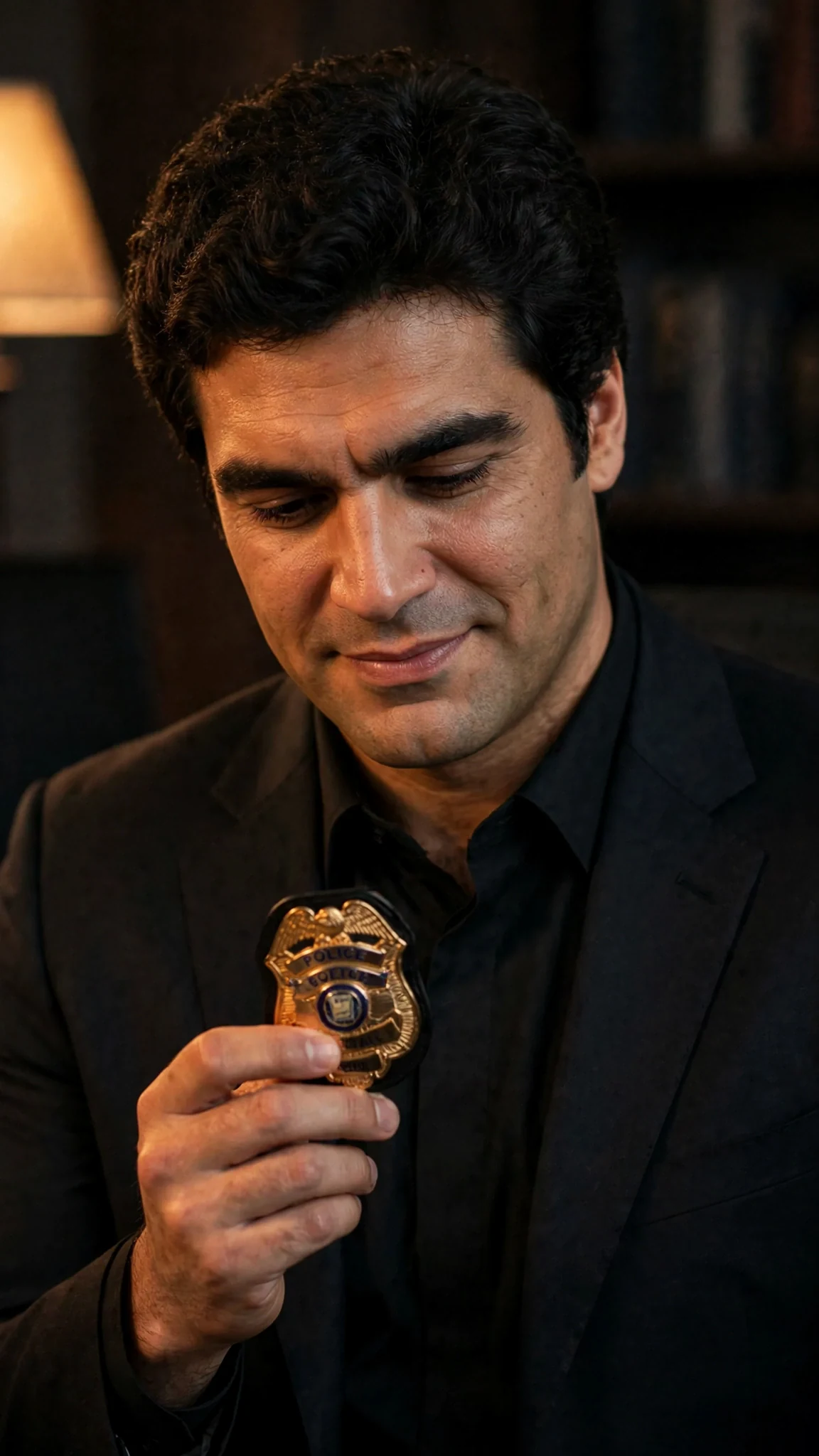 The tall man looks at the badge with a hungry, focused face.