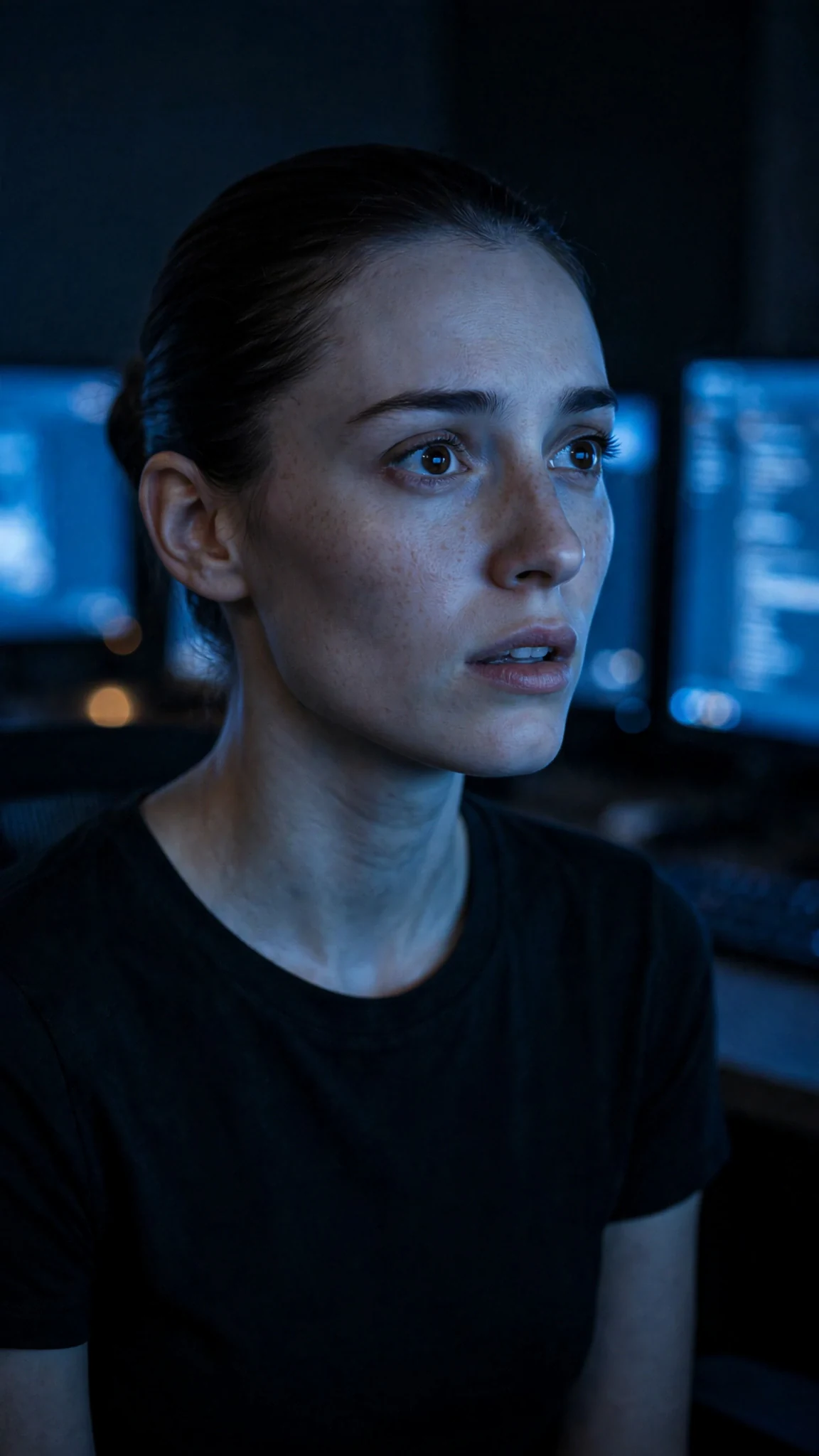 The pale woman watches the screen, her face lit blue, lips parted.