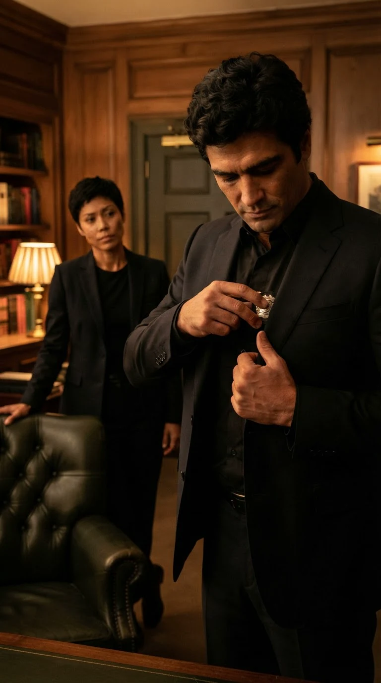 The tall man slides the badge into his breast pocket.