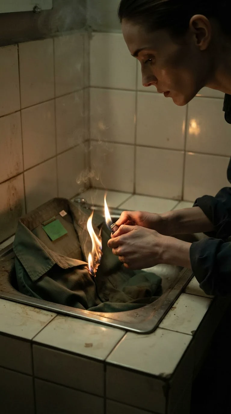 A green cleaner shirt burns in a metal sink in a dark bathroom.
