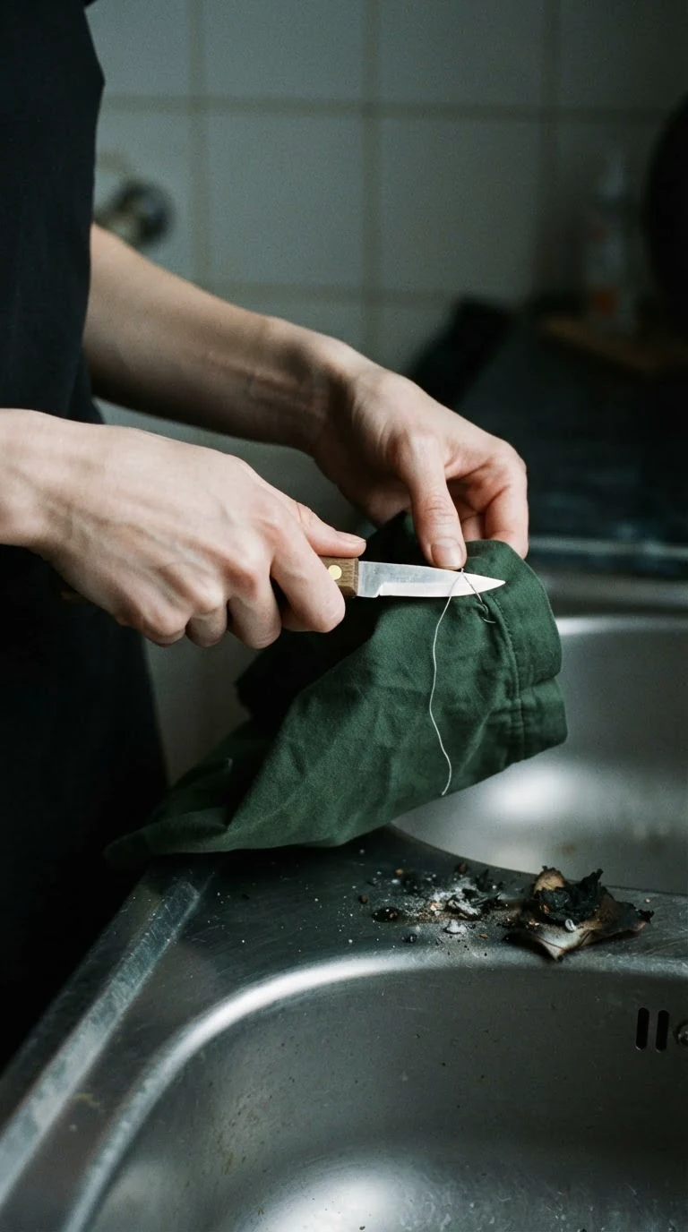 Pale hands cut a stitched thread from green cloth with a paring knife.
