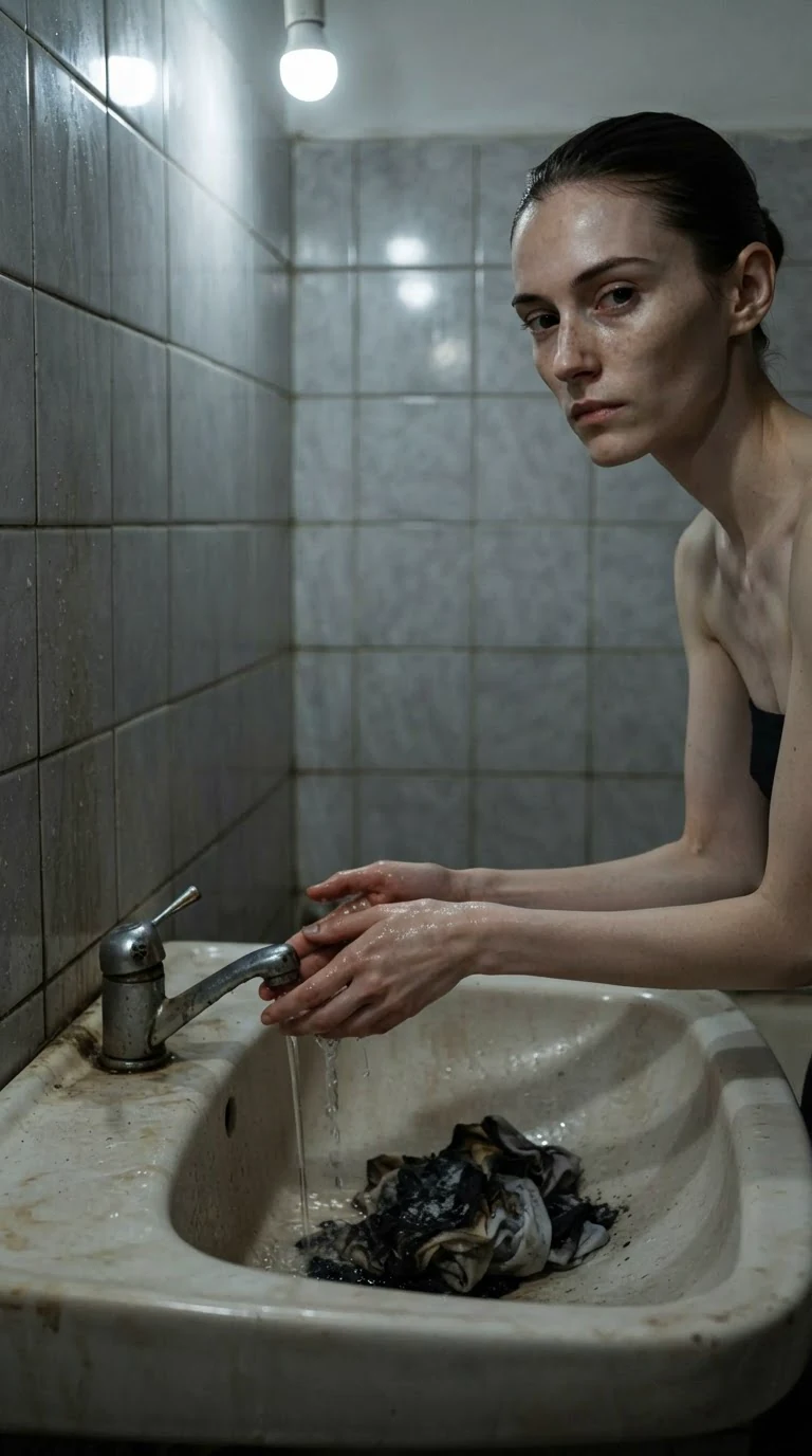 The pale woman washes black ash off her hands under a tap.