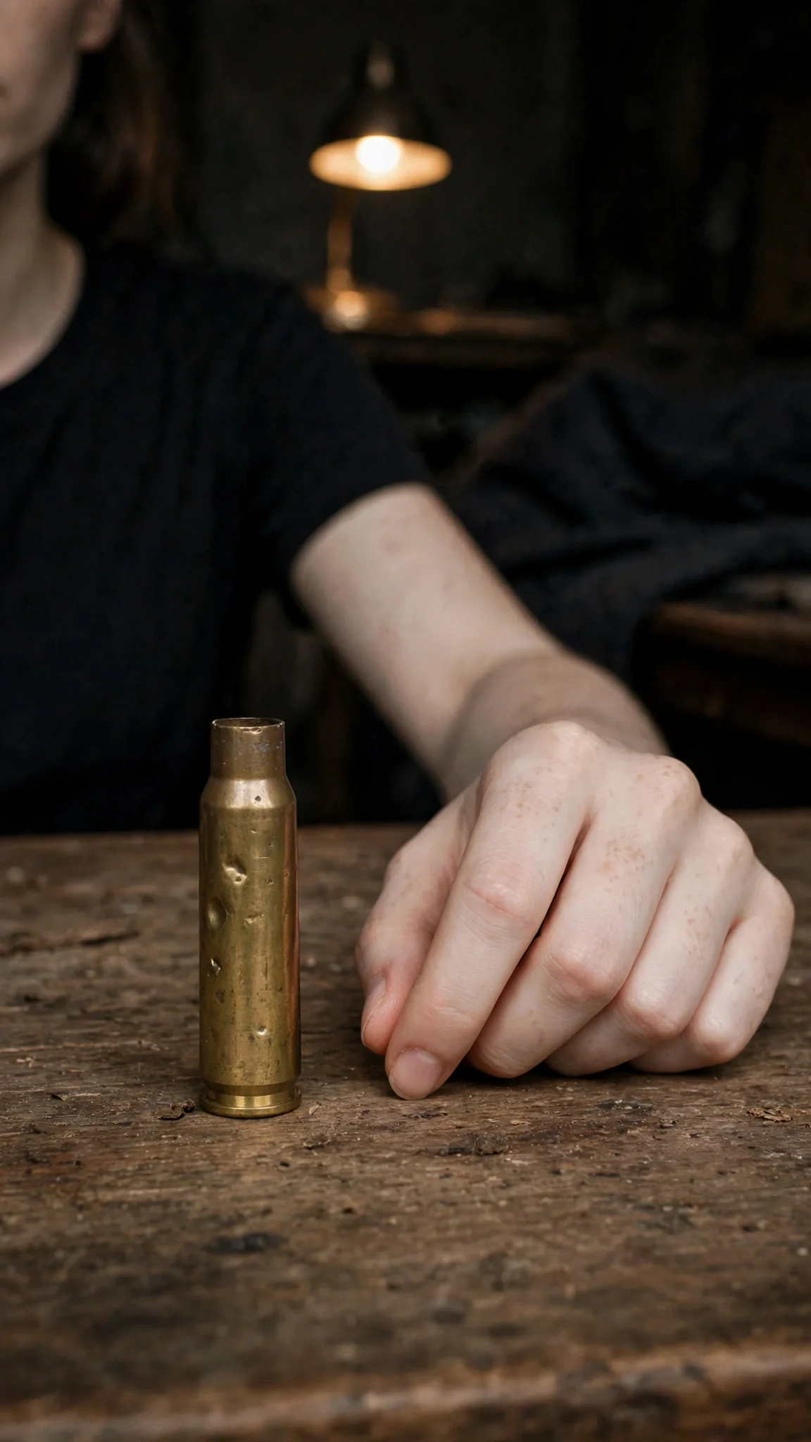 A brass bullet casing stands on a wooden table in lamp light.