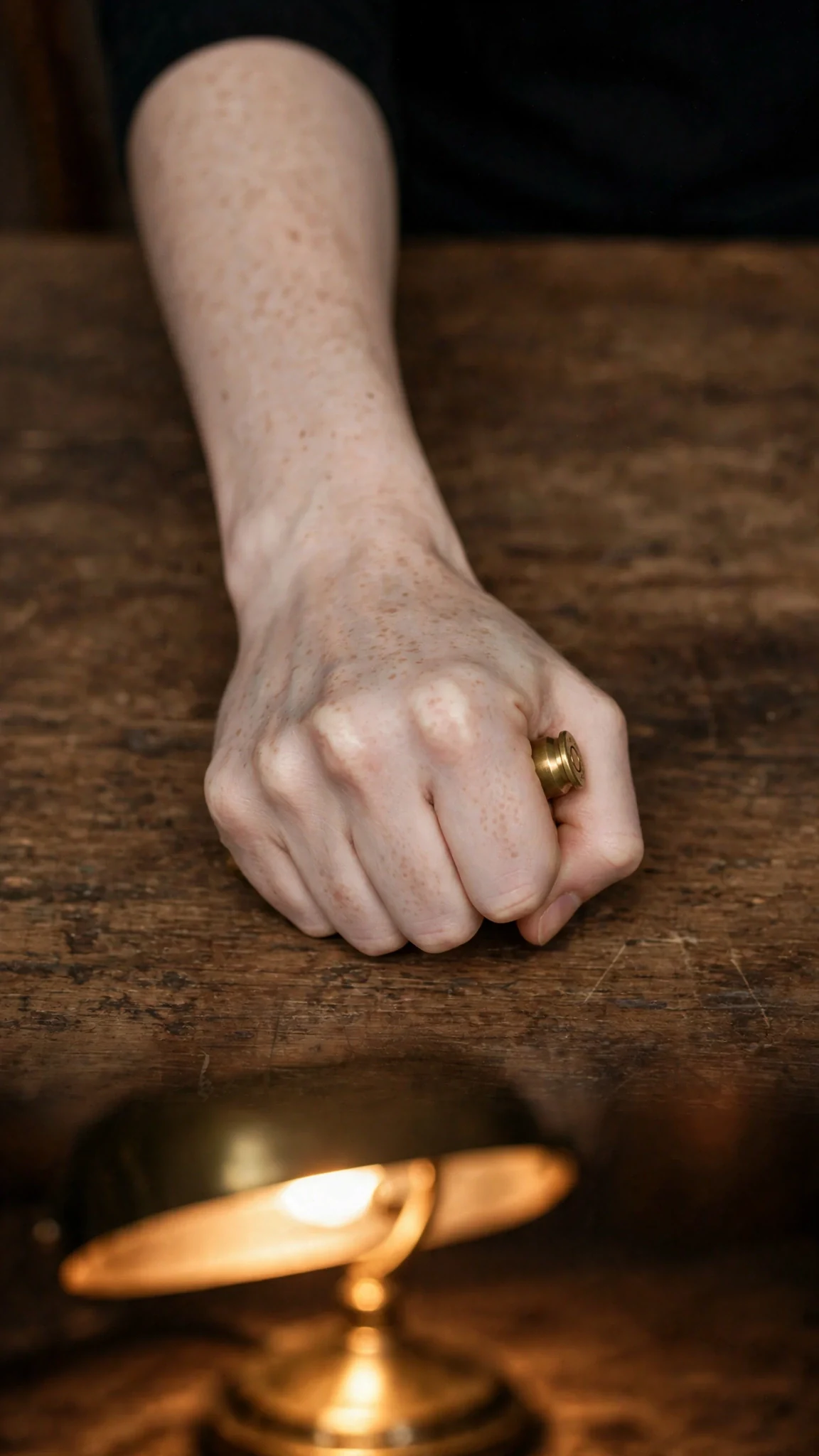 A pale hand closes around the brass casing.