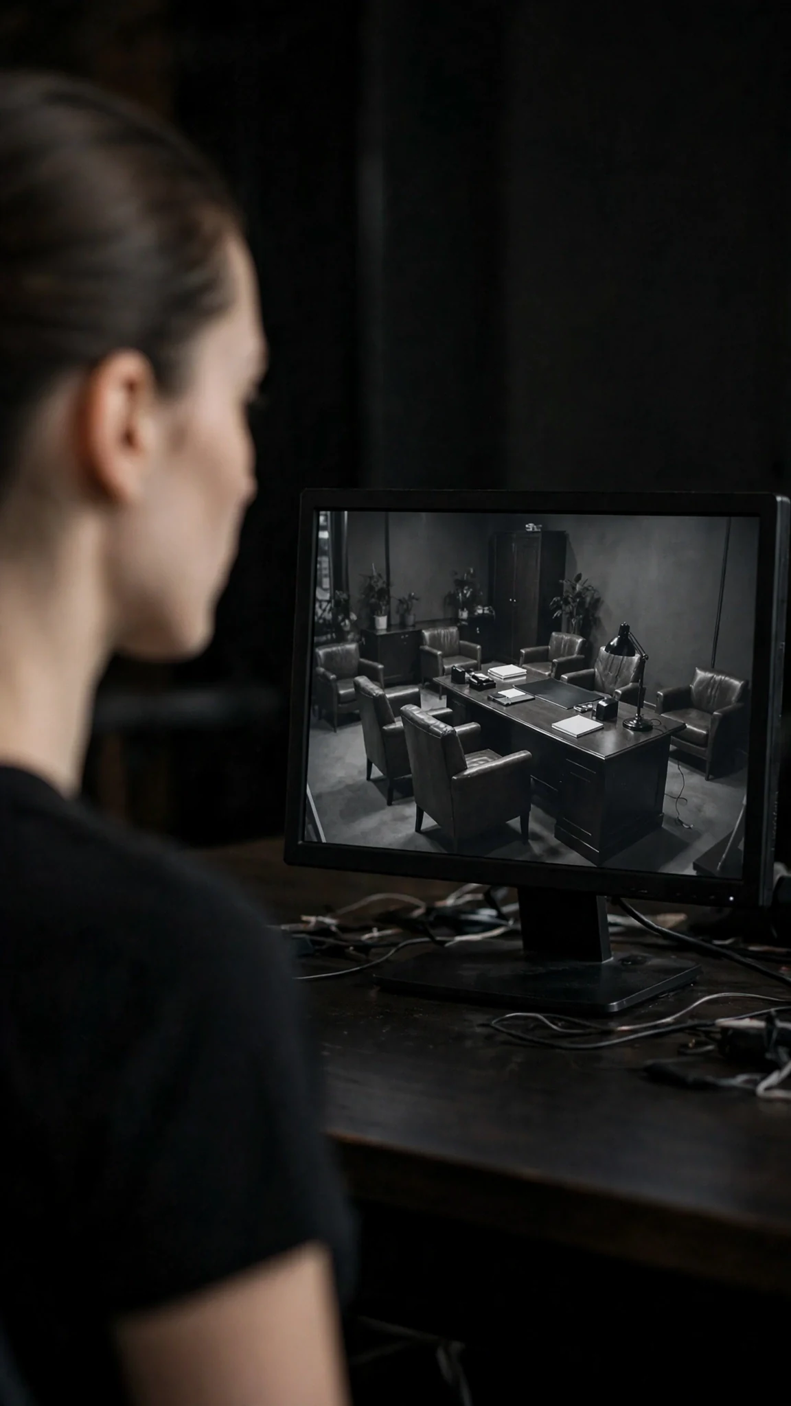 A screen shows a dark, empty office with the lamp switched off.