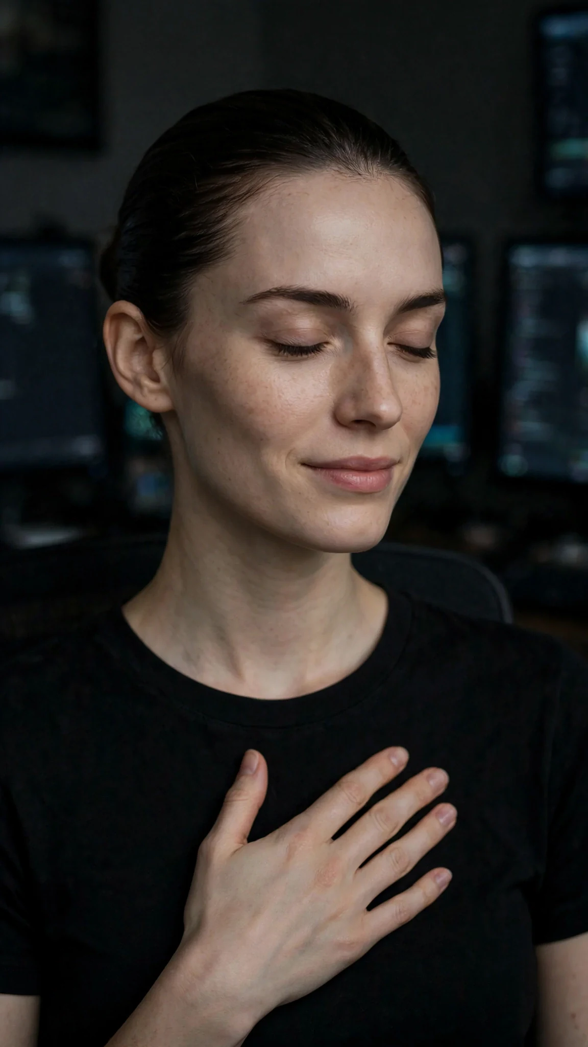 The pale woman touches her own chest in the dark, eyes closed.