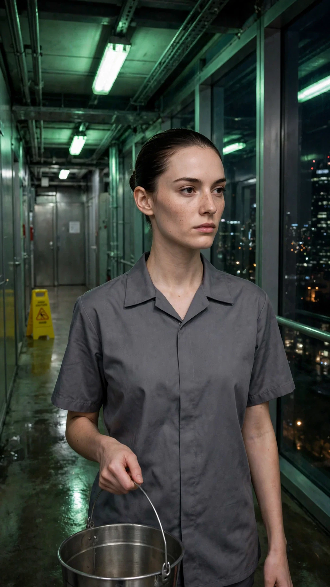A woman in a cleaner's shirt carries a bucket down an empty service corridor at night.