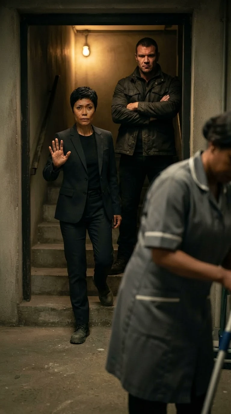 A security woman in a dark suit steps out of a stairwell shadow behind her.