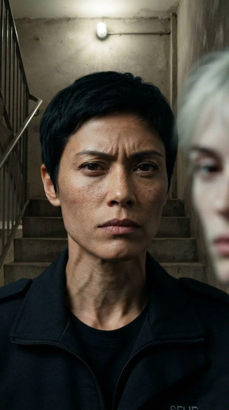 Close on Rina's furious face as she threatens the cleaner.