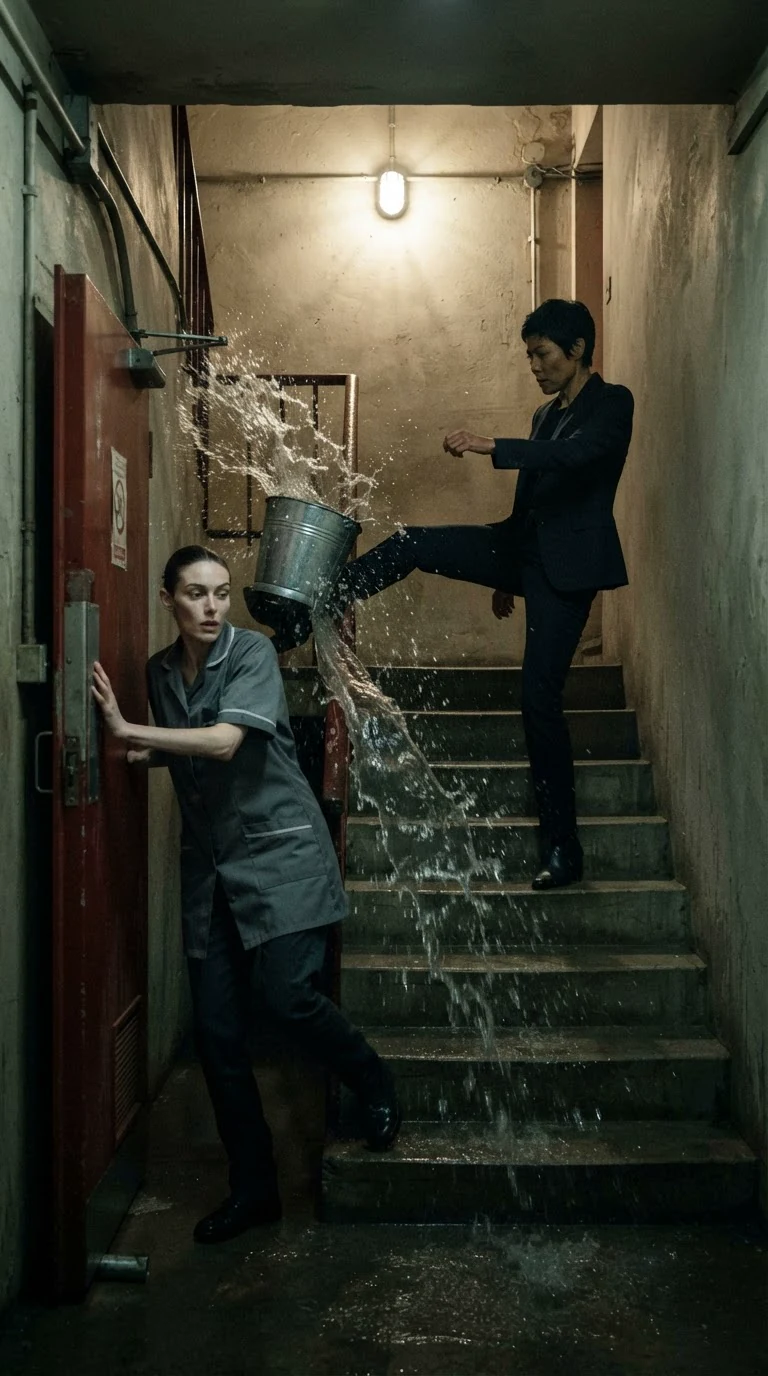 The security woman throws the bucket down the stairs and shoves the cleaner through a door.