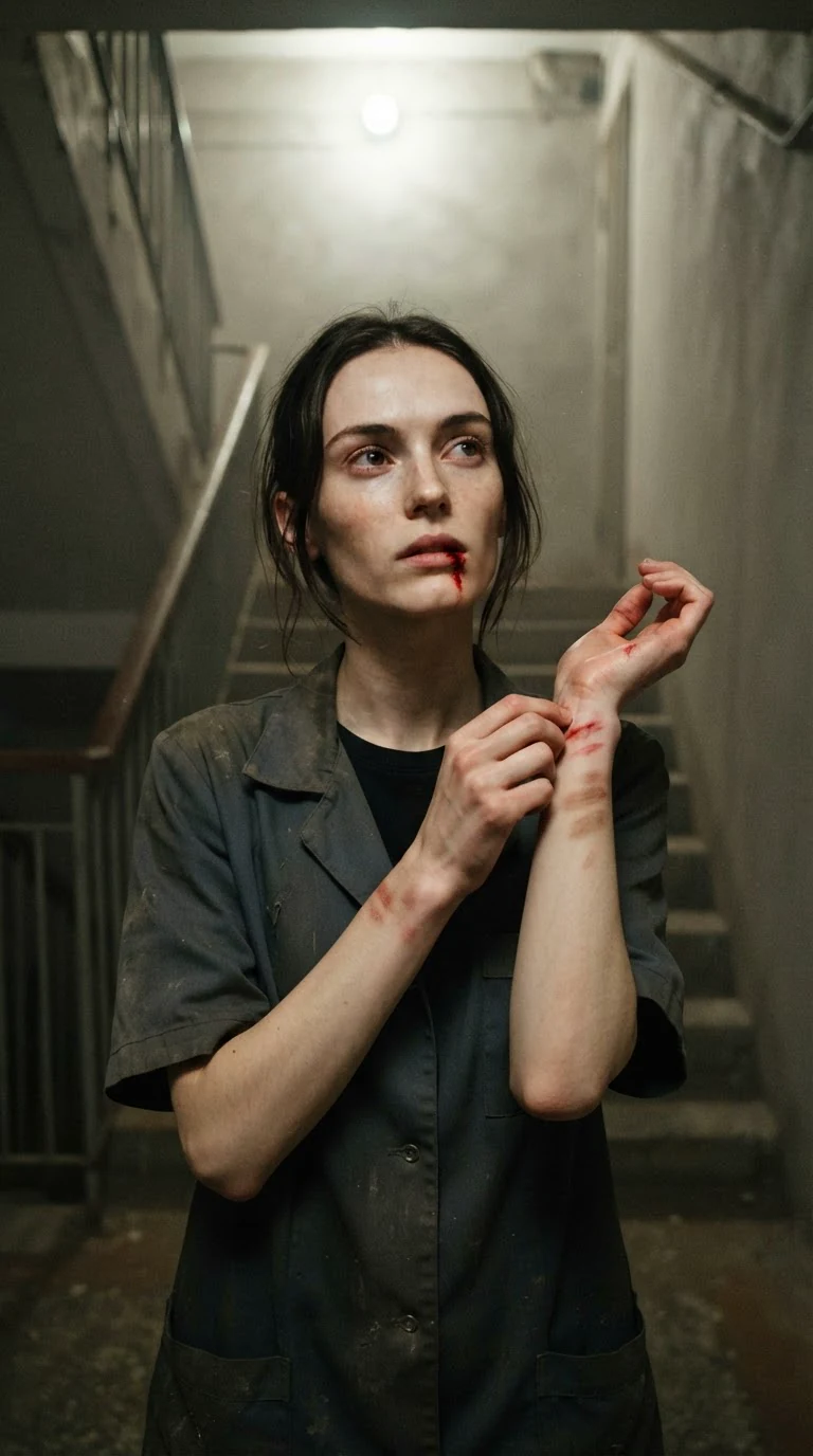 Alone in the stairwell, the cleaner wipes her lip and looks up the stairs.