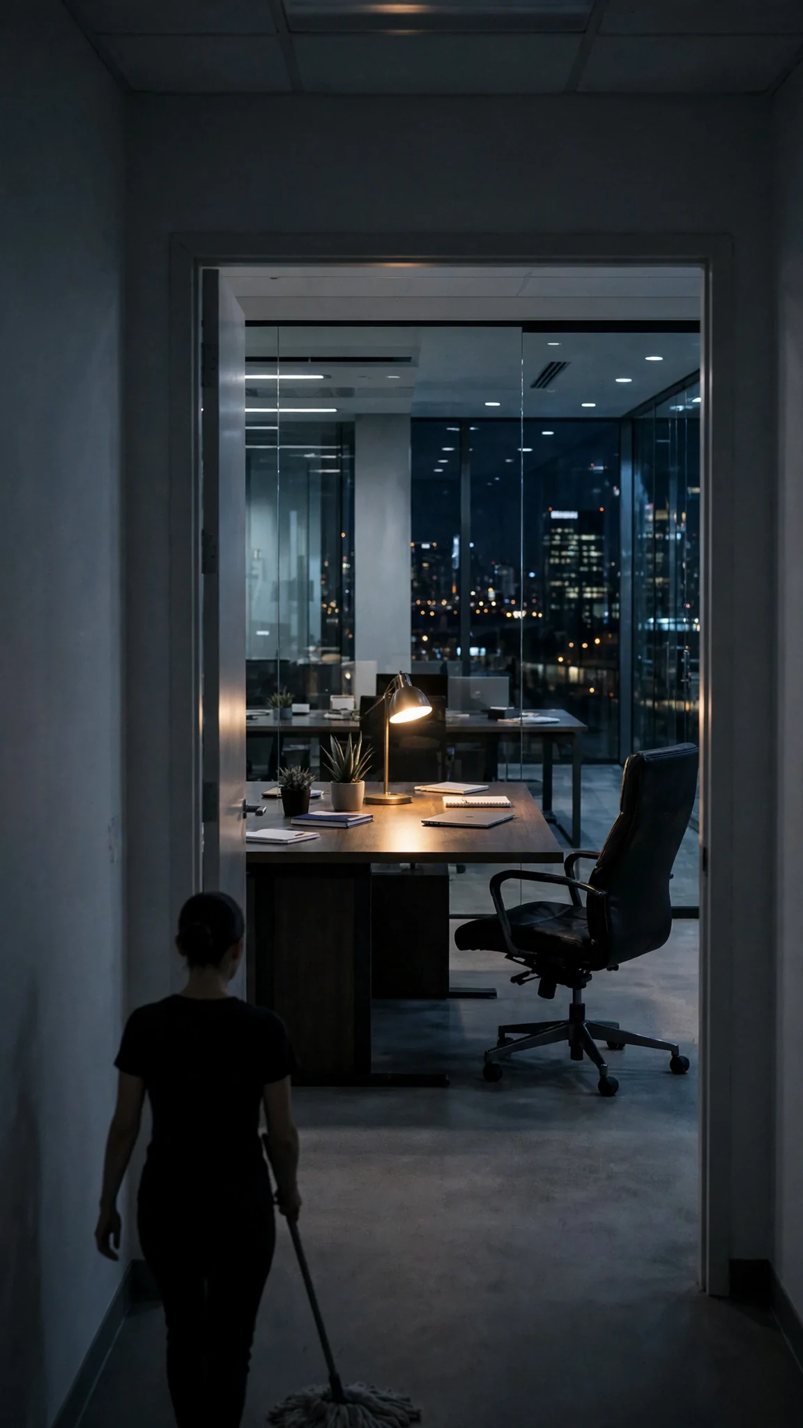 A dark office doorway with a lamp on and a chair pulled out.