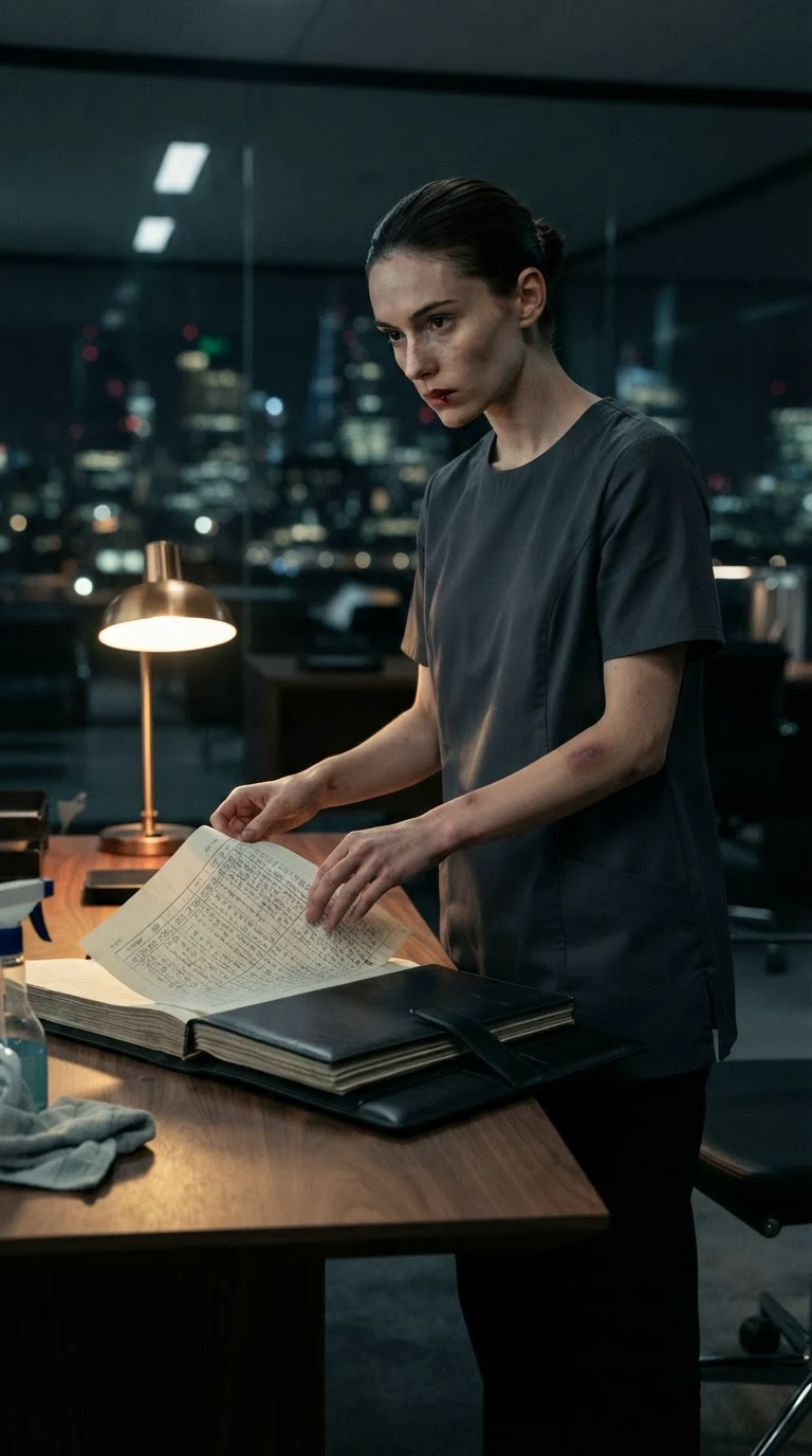 The cleaner opens a black ledger on the desk under the lamp.
