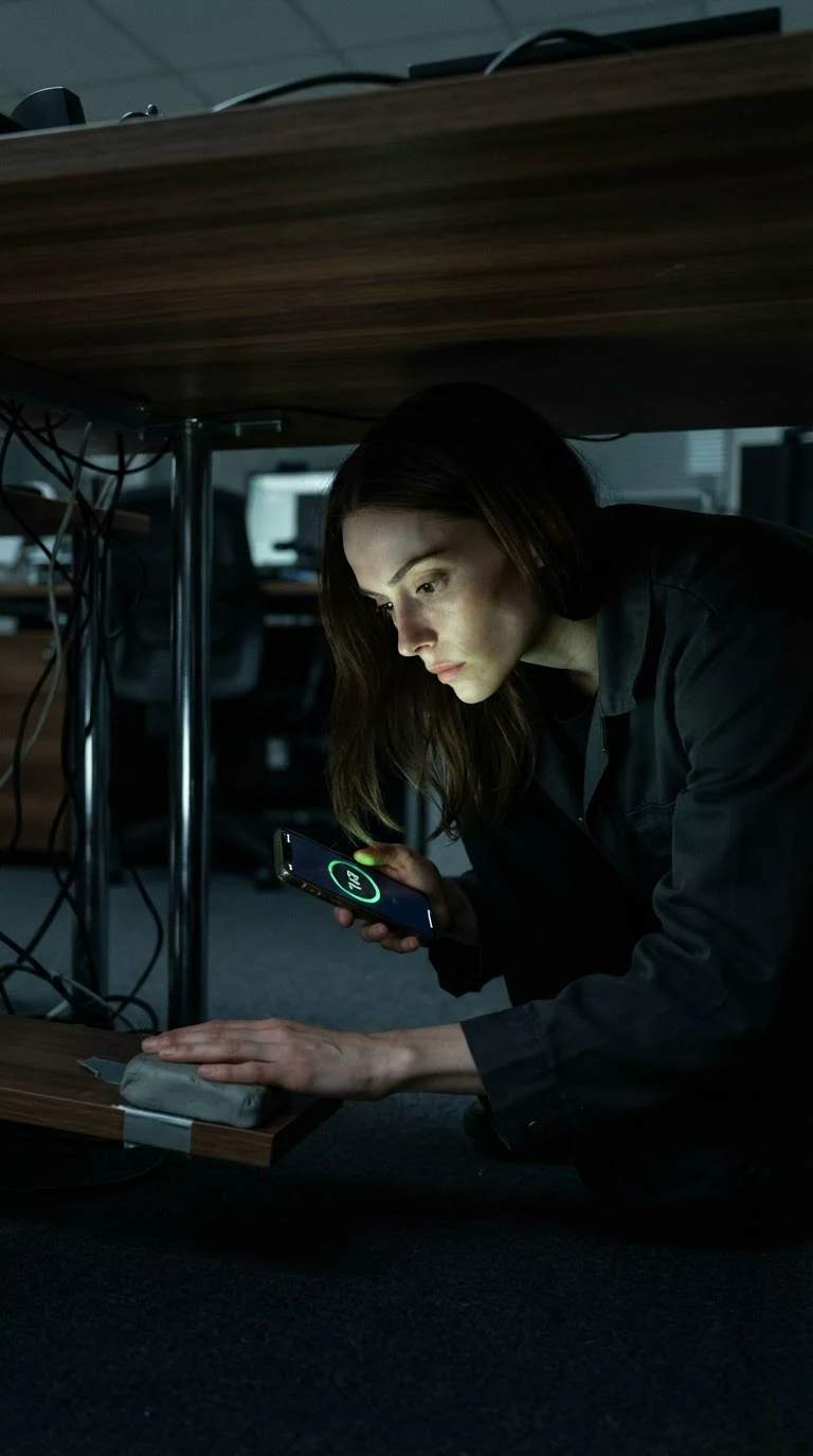 The cleaner crouched under the desk, hand on a taped gray brick with a glowing timer.