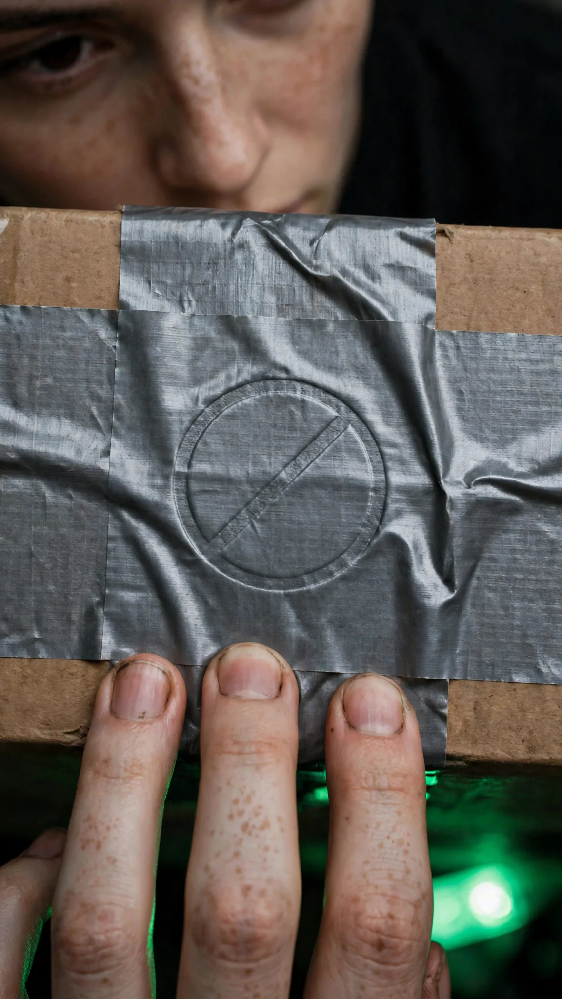 Close on a strip of tape with a circle and a line pressed into it.